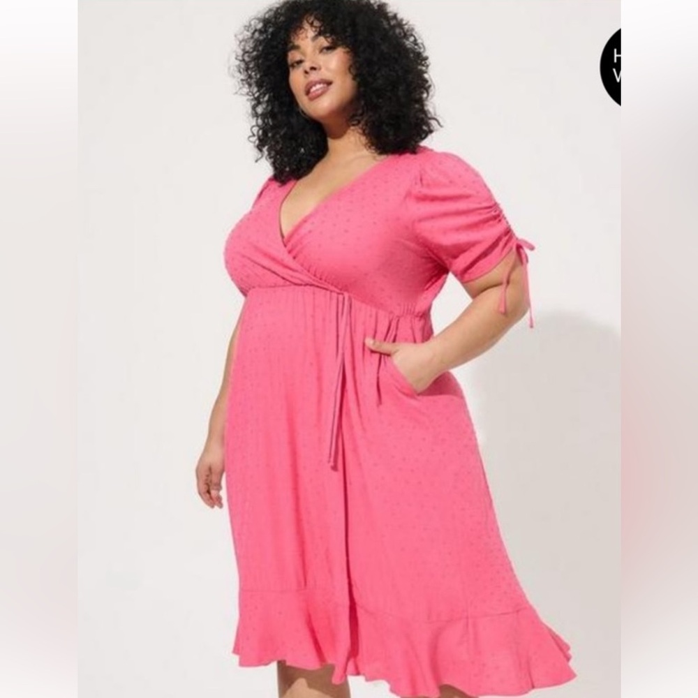 Torrid Pink Wrap Midi Dress with Puff Sleeves